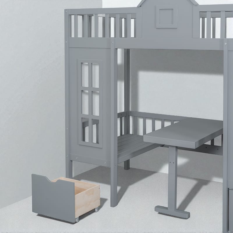Twin Over Twin Bunk Bed with Convertible Desk, Wood Loft Frame with Fence Headboard, No Box Spring Needed