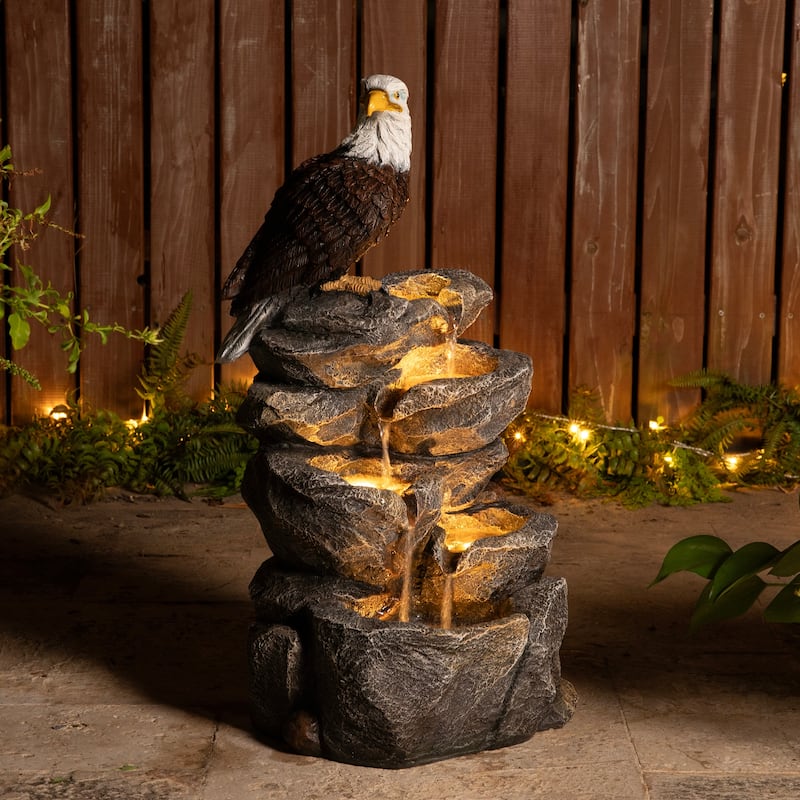 Glitzhome 25.25"H 4-Tiered Polyresin Eagel Stone Outdoor Fountain with Lights
