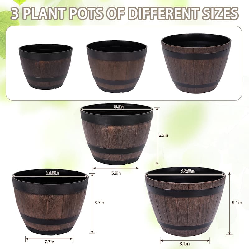 Javlergo (9"/11.3"/13") 3-Pack Different Size Plastic Planter Whiskey Barrel Planter Decoration Flower Pots with Drainage Holes