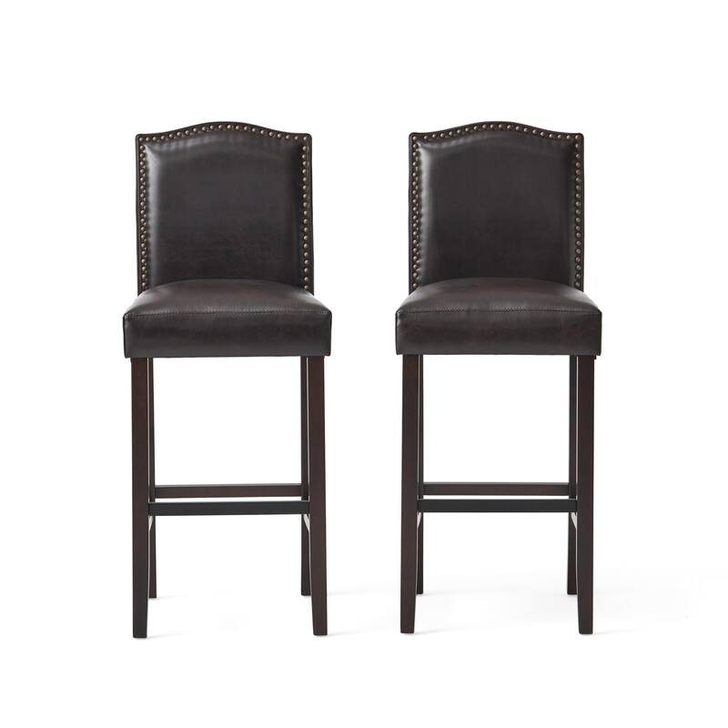 Modern Set of 2 Bar Stools with Leather Cushioned Backrests, Nailhead Trim, Solid Wood Legs for Dining Room Living Room Bar