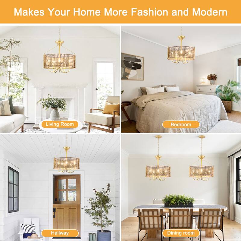18.35inch 5 Lights Adjustable Height Bohemian Chandelier with Hand Woven Rattan Shade Suitable for Multiple Rooms