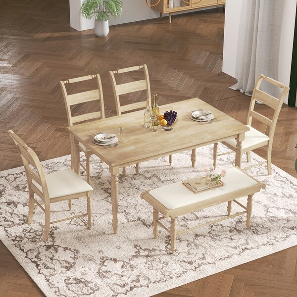 6 piece Dining Table Set with Turned Legs Retro Style Wooden Home Kitchen Table Set with 4 Upholstered Dining Chairs and Bench Bed Bath Beyond 40608462