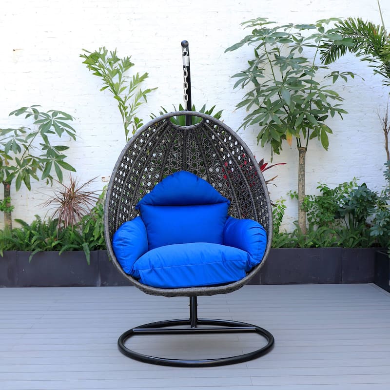 LeisureMod Charcoal Single Seater Rattan Wicker Egg Swing Hanging Chair for Indoor Outdoor Patio Porch Backyard Garden