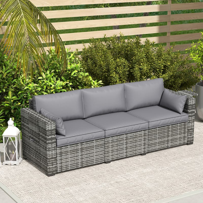 Three-Seater Outdoor Rattan Sofa with Cushions and Side Tray Tables for Patio and Garden - 78.7" W x 28.7" D x 28.3" H