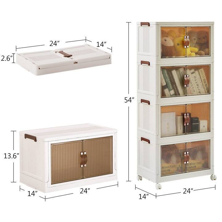 VECELO White PP Plastic Multifunctional Storage Bins with Lid 3/4/5 Tier Stackable Storage Bins with Wheels Magnetic Doors
