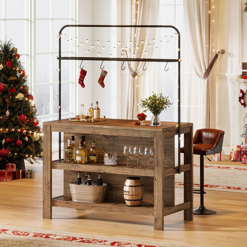 47 Inch Farmhouse Solid Wood Kitchen Island with Storage and 5 Hooks - 23.62" D x 47.24" W x 70.08" H