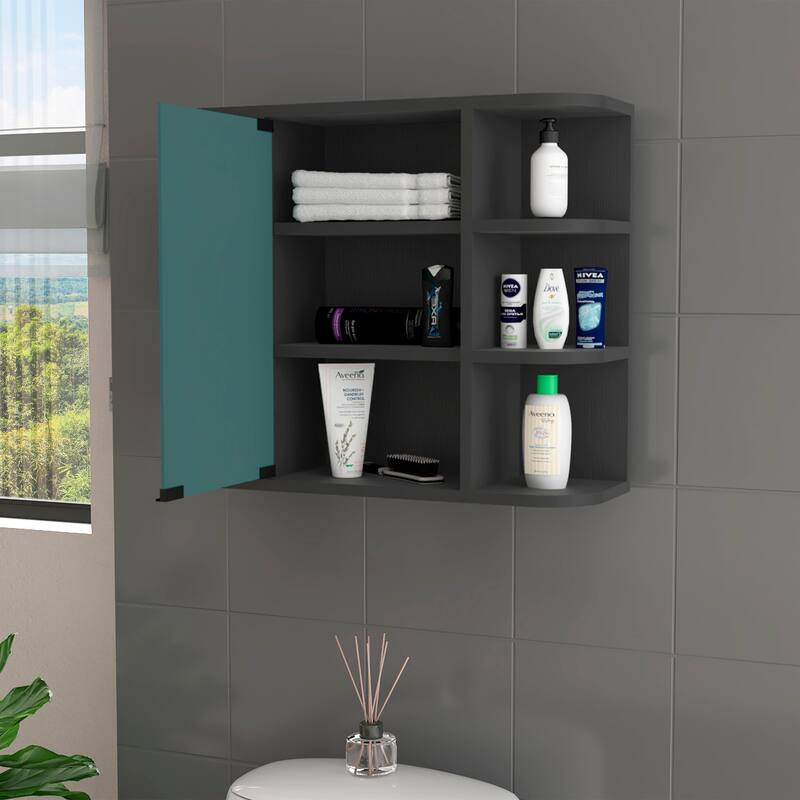 6-Shelf Medicine Cabinet with Mirror Panel Door, 3 Open Shelves on Each Side for Bathroom or Living Room Storage