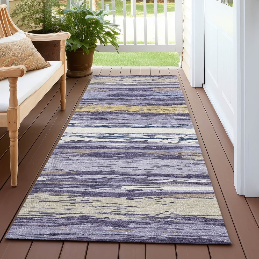 Machine Washable Indoor/ Outdoor Abstract Stripes Chantille Rug