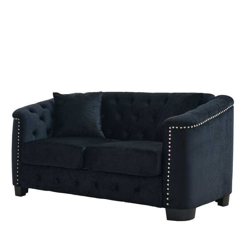 59-Inch Modern Chesterfield Velvet 3-Seater Sofa with Nailhead Trim (Black)