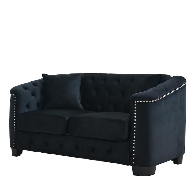 Roomfitters 77" Chesterfield Sofa, 3-Seater Velvet Tufted Couch with Rolled Arms, Nailhead Trim and 2 Cushions