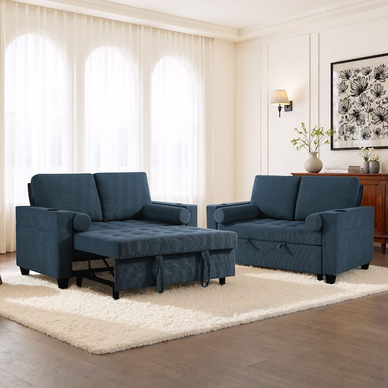 2 Set Corduroy Convertible Sleeper Sofa Bed Loveseats with Cup Holder, USB Ports & Storage - Navy Blue