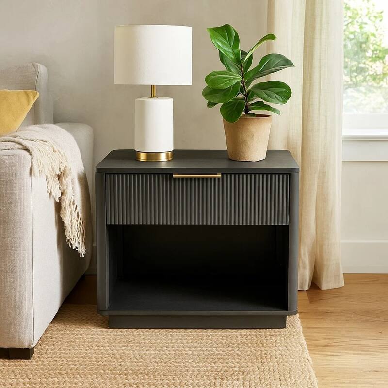 Noe Celia Nightstand, Retro Gray Rubberwood and Faux Wood, 32 Inch