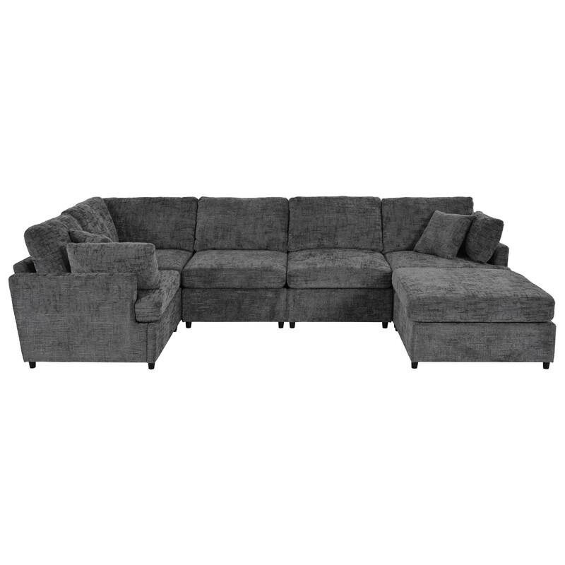 6-Piece U-Shaped Sectional Corner Sofa with Movable Ottoman and Durable Chenille Fabric for Versatile Living Spaces