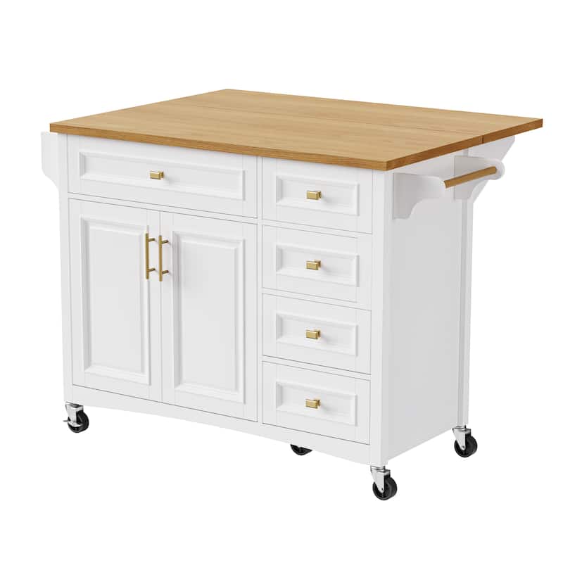 Haloi MDF Rolling Kitchen Island with Drop Leaf and 5 Drawers(52-in x30-in x36-in)