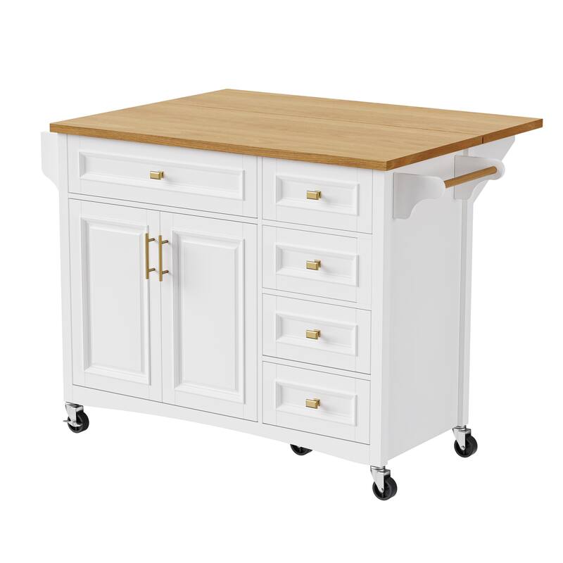 Rolling Kitchen Island with Drop Leaf, Kitchen Storage Cart with Spice Rack, Fold Dining Table with Adjustable Shelf