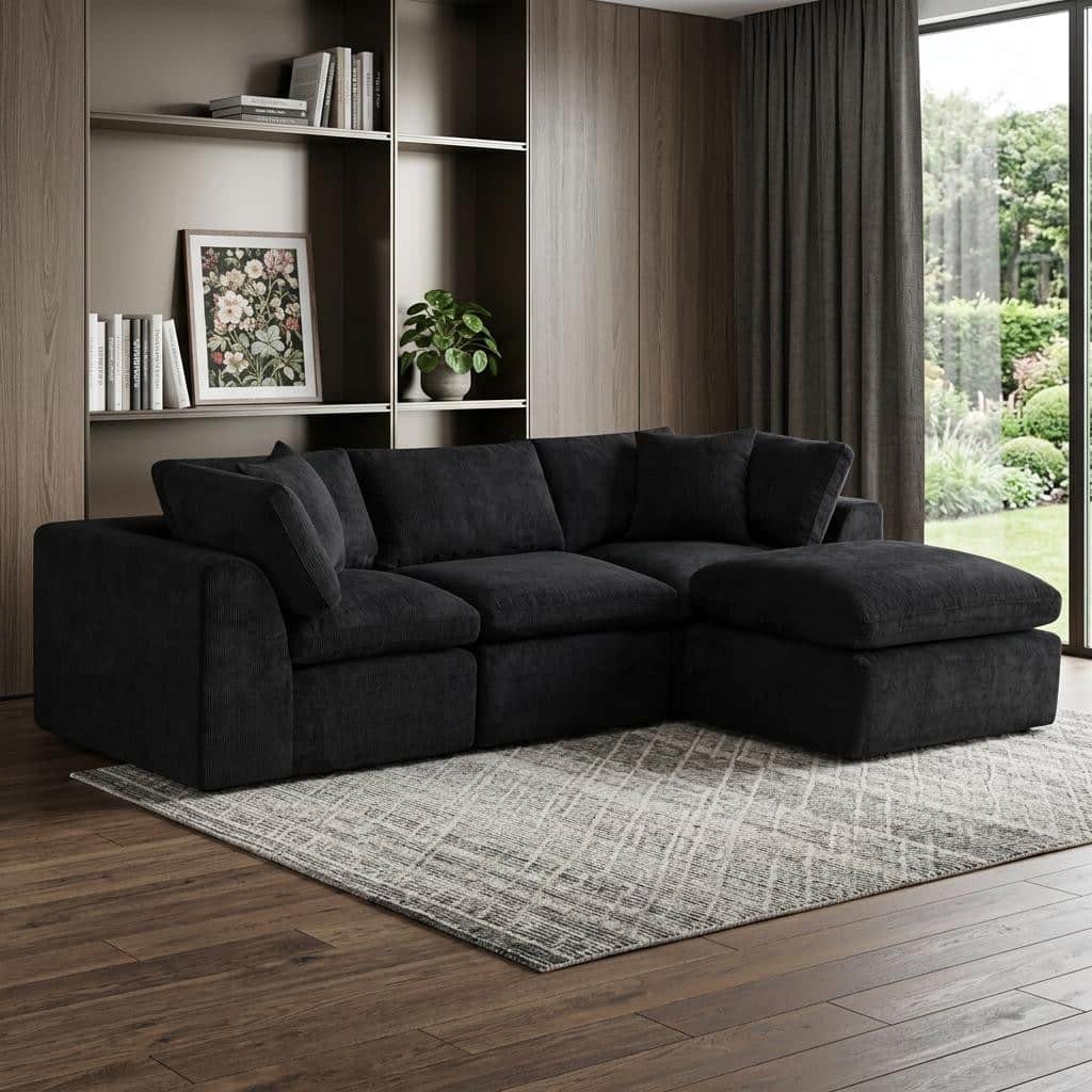 HomeRoots 108" Black Chenille Modular Sofa With Ottoman And Toss Pillows