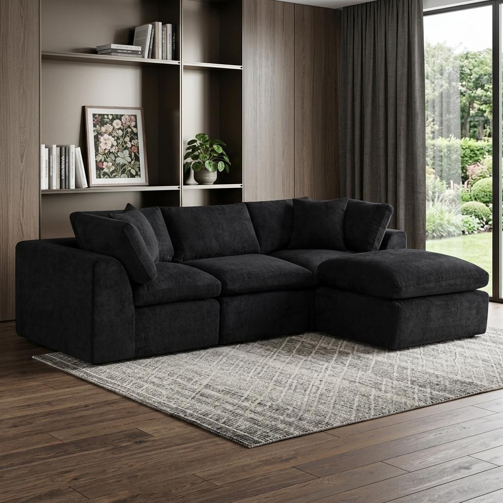 HomeRoots 108" Black Chenille Modular Sofa With Ottoman And Toss Pillows