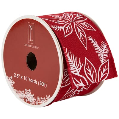 Red and White Floral Print Wired Craft Christmas Ribbon 2.5" x 10 Yards