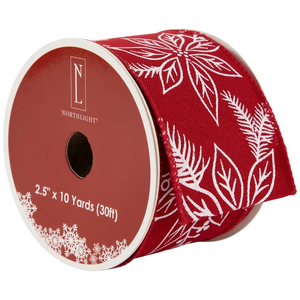 Red and White Floral Print Wired Craft Christmas Ribbon 2.5" x 10 Yards