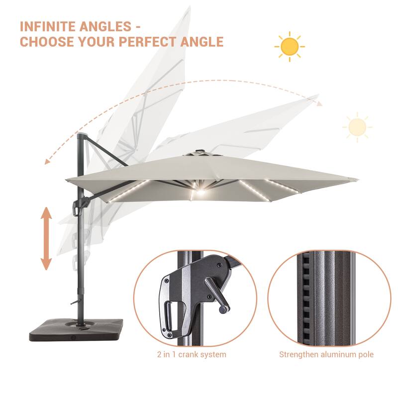 LIVOOSUN Patio10x10FT LED Aluminum Cantilever Umbrella Solution-Dyed Fabric w/Base