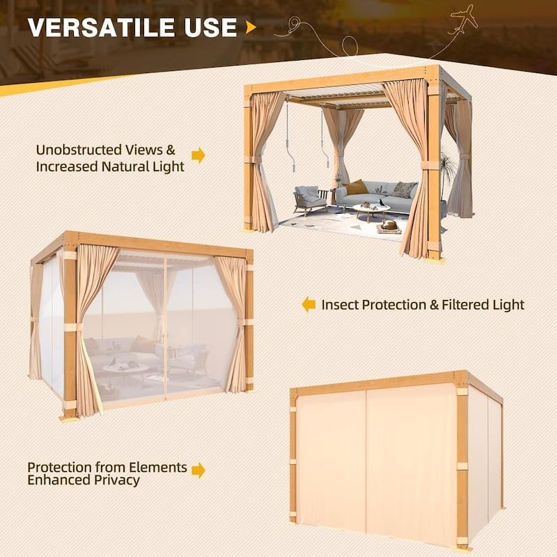 EROMMY Outdoor Louvered Pergola Gazebo with Adjustable Aluminum Rainproof Roof and Pull-Down Screen
