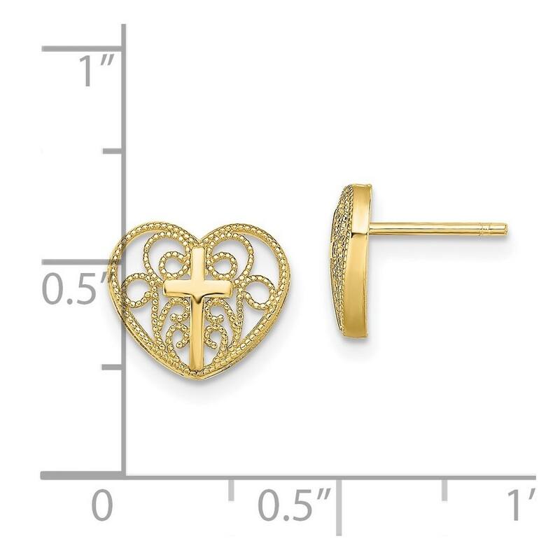 Curata 10.94mm 10k Yellow Gold Love Heart With Cross Post Earrings - 9.44x10.94mm