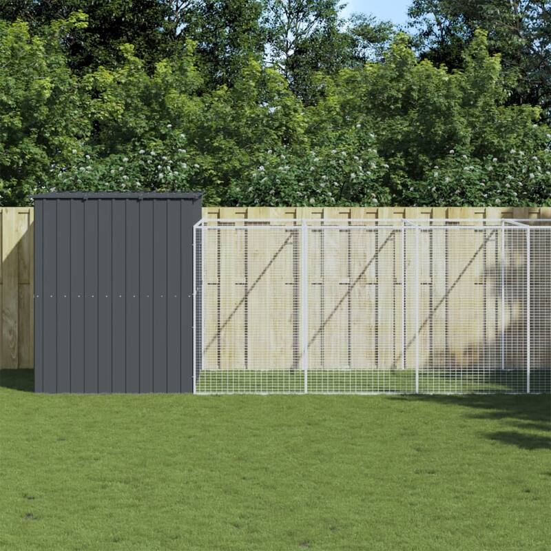 vidaXL Dog House with Run Light Gray/Anthracite multisize Galvanized Steel - 84.3" x 420.9" x 71.3" - Anthracite