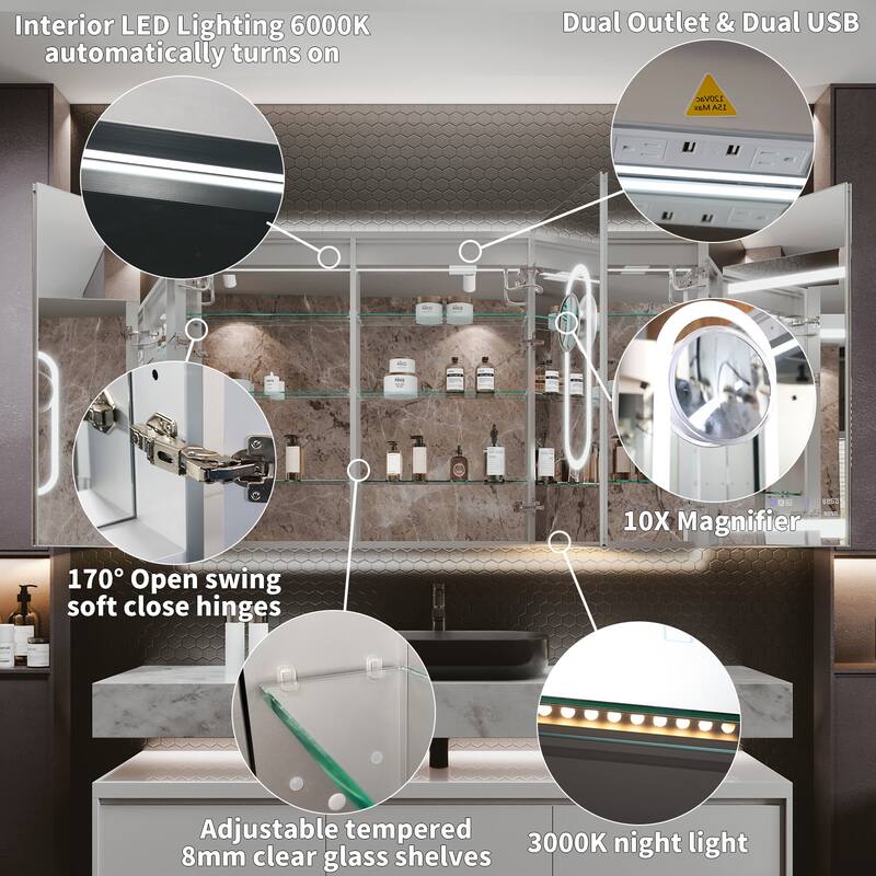36'' H Recessed or Surface Mounted Bathroom LED Mirror Cabinet With Defogger, Dimmer, 10x magnifying