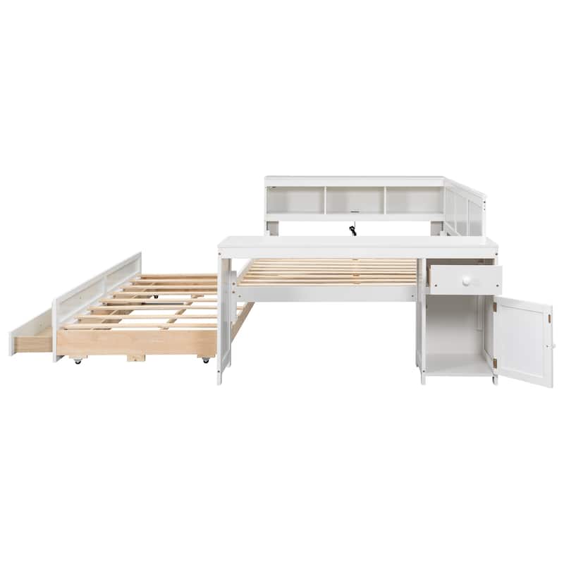 Bookcase Storage Bed, Full Size Daybed with Storage Shelves, Drawers, Trundle, Charging Station, Light, Desk and Cabinet