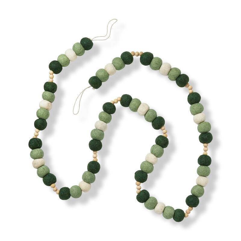 Woodland Felt & Wood Bead Garland Decorative Wall Banner Holiday Decor Christmas Green Multi 72in Long