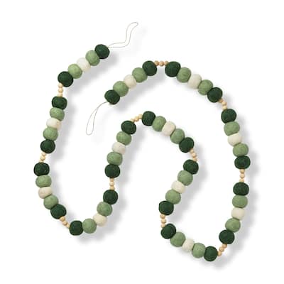 Woodland Felt & Wood Bead Garland Decorative Wall Banner Holiday Decor Christmas Green Multi 72in Long