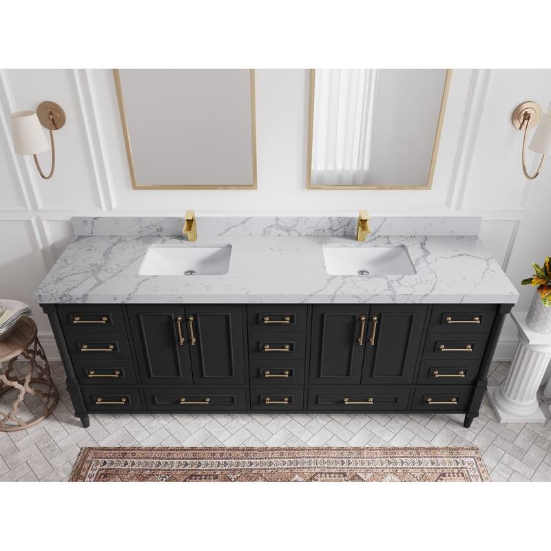 Willow Collections 84 in. W x 22 in. D Aberdeen Double Bowl Sink Bathroom Vanity with Countertop - 2" Venatino - Black