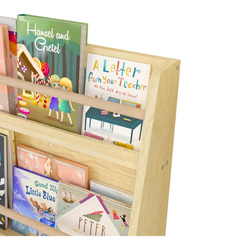 Anmytek 3-Tier Kids Wall Bookshelf with Slanted Front & Guardrails, Pastel Finish Wooden Display for Bedroom