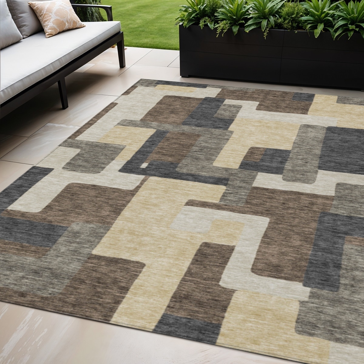 5' X 8' Brown And Taupe Abstract Washable Indoor Outdoor Area Rug - 5' Octagon