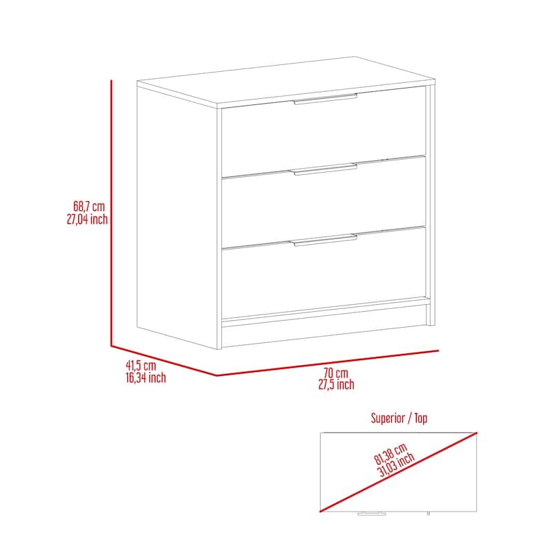 Kaia 3 Drawers Dresser, Superior Top