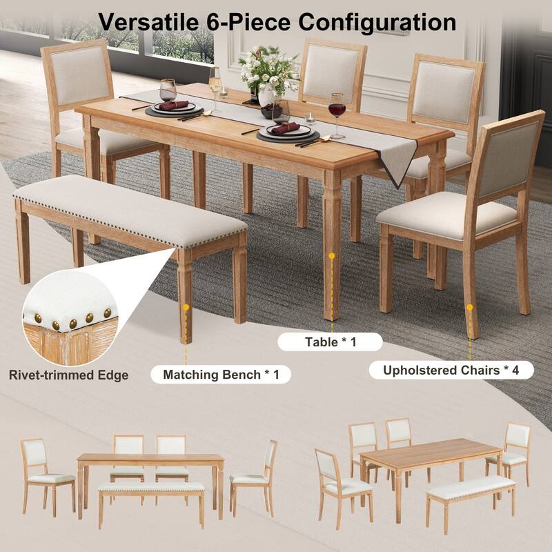 Rustic Farmhouse Extendable Dining Table Set for Six with Four Chairs and Bench for Cozy Gatherings