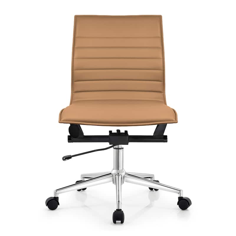 Modern Office Desk Chair | Upholstered PU Leather Ribbed Armless Mid Back with Metal Frame | Adjustable Height, Tilt Lock