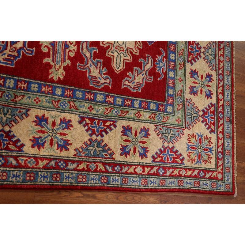 Geometric Red Kazak Rug Handmade Oriental Wool Carpet - 5'1" x 6'9"