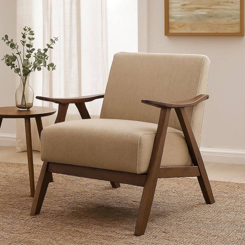 Fabric Upholstered Accent Chair with Curved Armrests, Light Brown