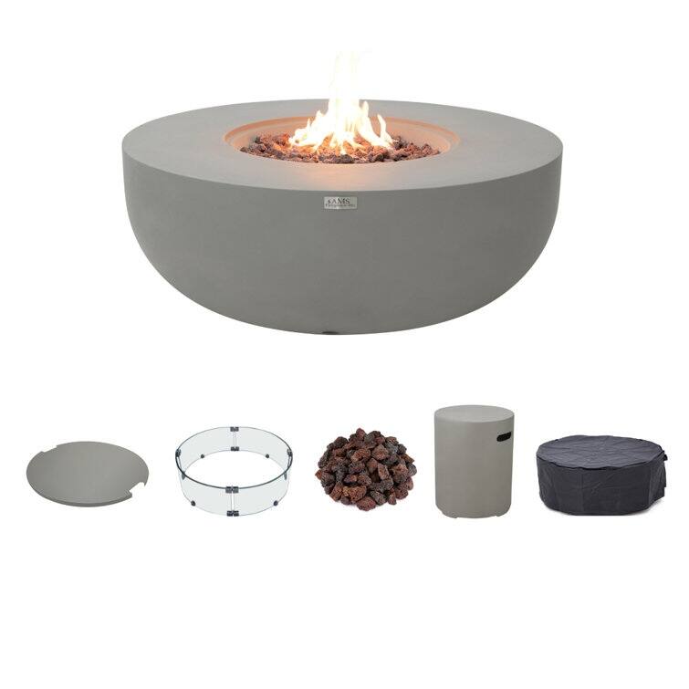 AMS Fireplace Eclipse Round Outdoor Fire Pit Bundle - 44" x 44" x 17" - Light Grey - Propane