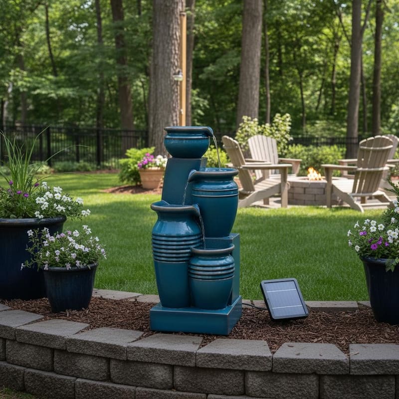 Teamson Home 28.74" 4-Tier Outdoor Fountain with LED Lights, Solar Powered, Weather-Resistant Faux Stone for Garden & Patio