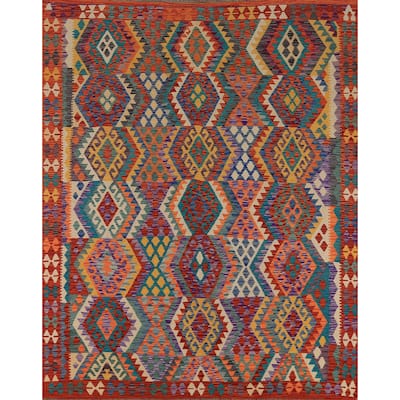 Multicolor Geometric Kilim Oriental Area Rug Hand-Woven Wool Carpet - 8'2" x 9'6"