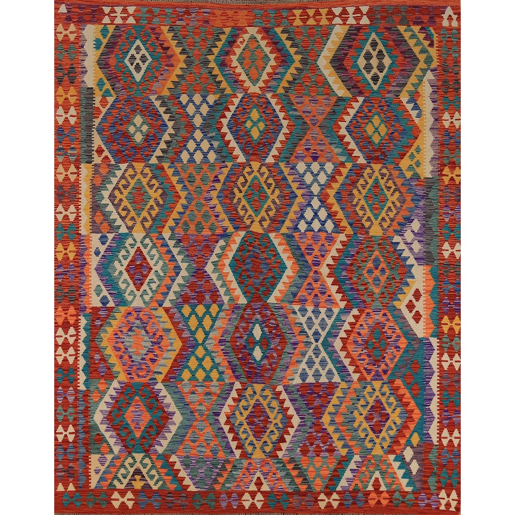 Multicolor Geometric Kilim Oriental Area Rug Hand-Woven Wool Carpet - 8'2" x 9'6"