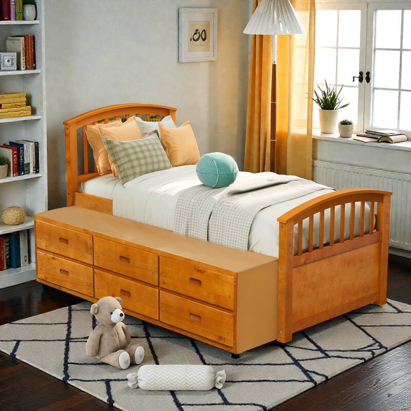 Twin Size Solid Wood Platform Bed with 6 Storage Drawers, Pine Wood Frame with Slats, No Box Spring Needed