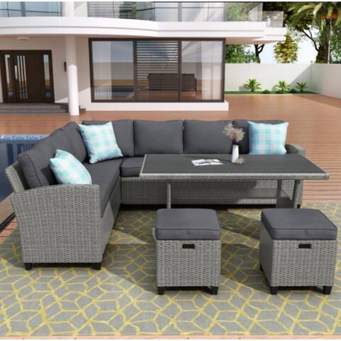 Patio Dining Table Chair with Ottoman and Throw Pillows