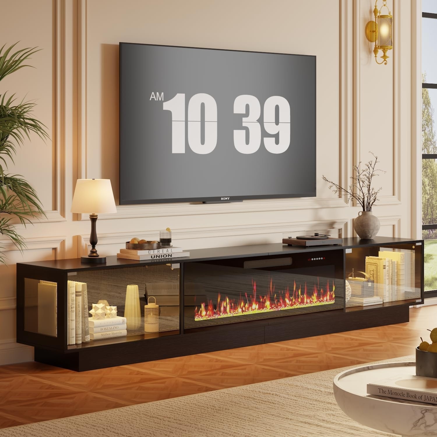 BOSSIN Fireplace TV Stand with Adjustable LED Lights, Modern Entertainment Center with Glass Door Storage Cabinet