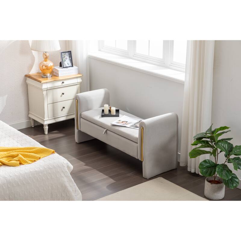 53" Modern Storage Bench with 300lb Seating, Velvet Upholstered Bed Bench with Wood Legs Safety Hinge