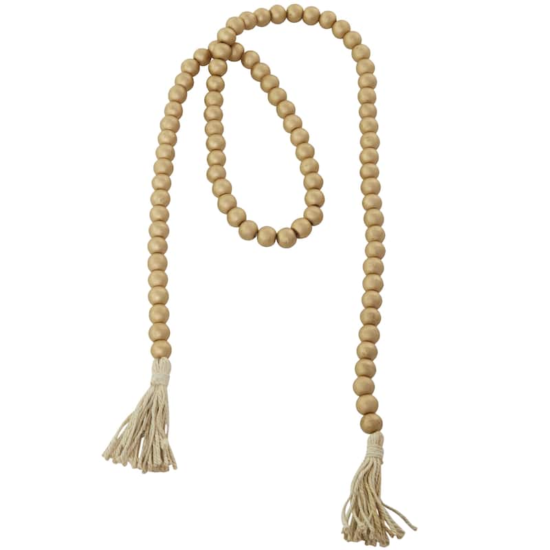 Mango Wood Handmade Round Long Carved Beaded Garland with Tassel - Roche River Decor - Gold - 80"L