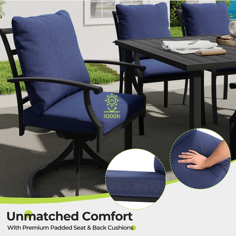 IvyGlow 7-Piece Black Metal Patio Dining Set with Rectangular Table, 6 Swivel Dining Chairs and Gray Cushions