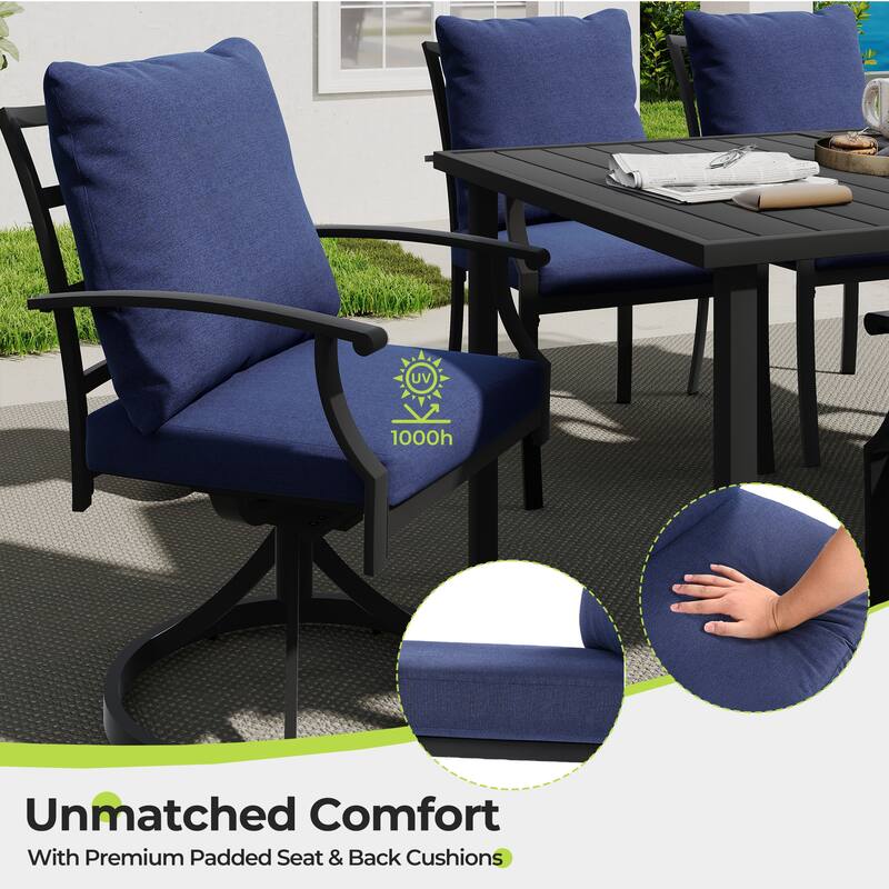 IvyGlow 9-Piece Black Metal Patio Dining Set with Rectangular Table, 2 Swivel Dining Chairs and Gray Cushions